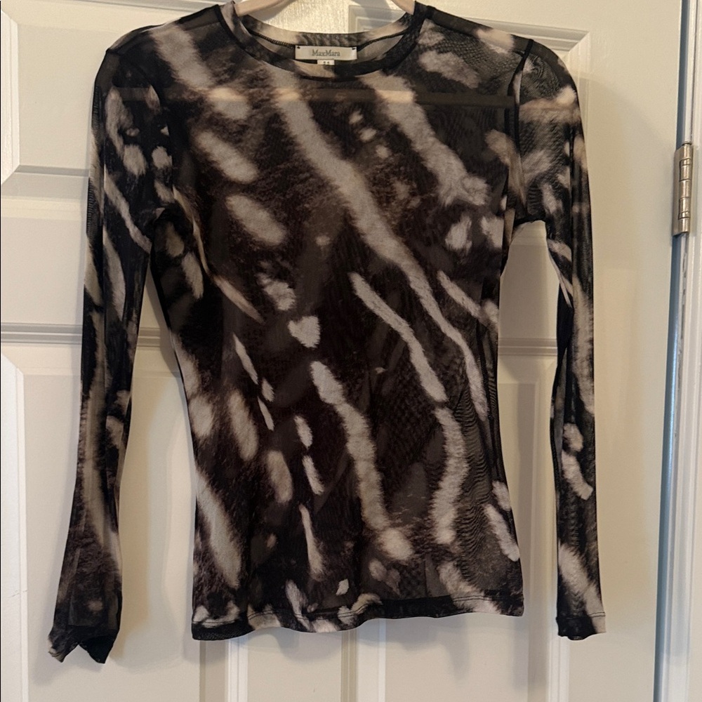 MaxMara Black and White Long-Sleeve Sheer Mesh Top
